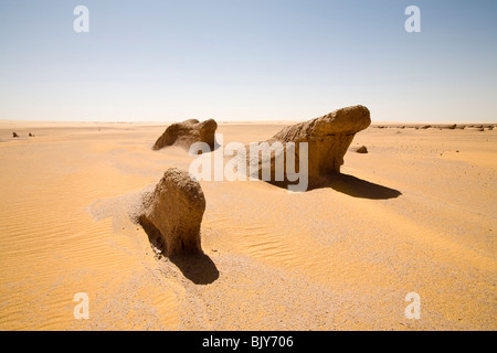 Yardangs, o fango Lions, a metà giornata sole nel deserto del Sahara, in rotta verso il Gilf Kebir, deserto occidentale d'Egitto Foto Stock