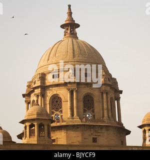 Gli uccelli di volare intorno alla cupola del blocco del nord Segretariato Building a New Delhi, India Foto Stock