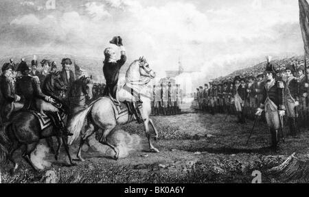 Washington, George, 22.2.1732 - 14.12.1799, American generale e uomo politico, il comandante supremo dell'esercito continentale 15.6.1775 - 23.12.1783, prendendo il comando, acciaio, incisione del XIX secolo , artista del diritto d'autore non deve essere cancellata Foto Stock