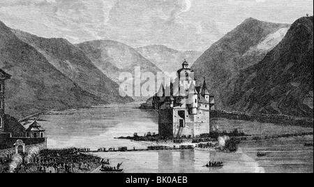 Eventi, Guerra della Sesta Coalizione 1812 - 1814, i prussiani che attraversano il Reno a Kaub, 31.12.1813 - 1.1.1814, incisione in acciaio di Stahlstich von J. C. Richter, , Foto Stock