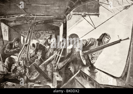 Il tedesco gunners guardare fuori per un attacco alleato dalla cabina di un dirigibile Zeppelin durante la Prima Guerra Mondiale. Foto Stock