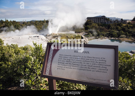 Rotorua Isola del nord della Nuova Zelanda. Piscina Blu segno con Pohutu geyser che erutta vapore in Te Puia in Riserva Termale di Whakarewarewa. Foto Stock