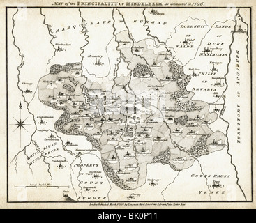 Cartografia, mappe storiche, mappa del Principato di Mindelheim, 1706, pubblicata a Londra, 1818, Germania, Sacro Romano Impero, Baviera, Swabia, Kirchheim, 18th secolo, storico, Hungerbach, Wertach, Schwetek, Kamlach, Mindel, fiumi, città, monasteri, monastero, principati tedeschi, Foto Stock