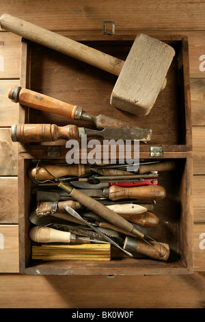 Asrtist utensili a mano per opere di artigianato in legno dorato sfondo Foto Stock