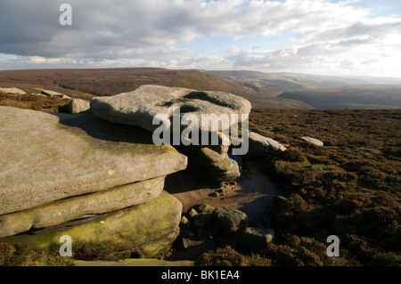 Parte superiore della valle del Derwent da cavallo pietre, Howden Mori, Peak District, Derbyshire, England, Regno Unito Foto Stock