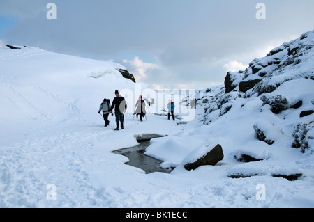 Walkers al Kinder Gates sulla Kinder Scout altopiano in inverno, nei pressi di Hayfield, Peak District, Derbyshire, England, Regno Unito Foto Stock