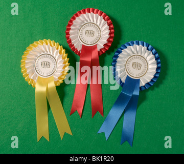 Blu, Giallo e Rosso vincitori rosette. Foto Stock