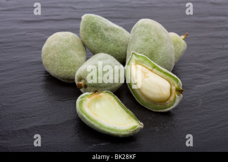 Mandorle verdi noto anche come mandorle amare contro di ardesia scura sullo sfondo. Foto Stock