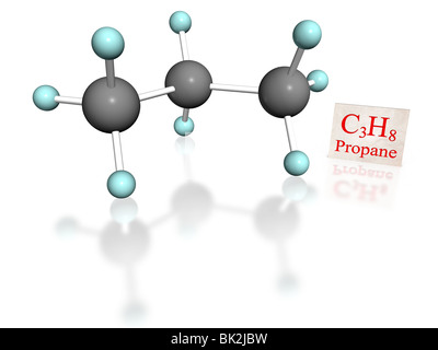 Il modello molecolare di propano con etichetta su sfondo bianco Foto Stock
