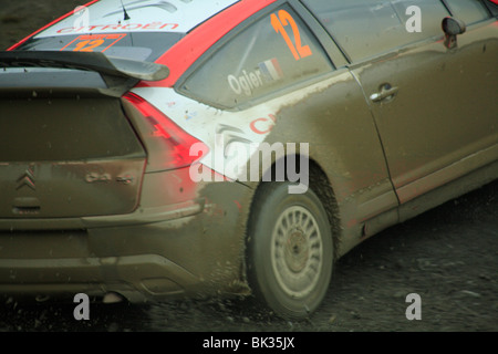 Concorrente nel Campionato del Mondo Rally stage speciale tenutasi nella foresta Hafren, vicino a Llanidloes, POWYS, GALLES. Foto Stock