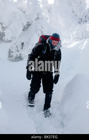 Snowshoer sul sentiero Carter-Moriah in condizioni invernali vicino alla cima della cupola di Carter nelle White Mountains, New Hampshire Foto Stock