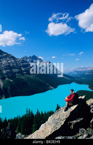 Escursionista affacciato sul Lago Peyto vicino al vertice di prua lungo i Campi di Ghiaccio Parkway nel Parco Nazionale di Banff, British Columbia, Canada. Foto Stock