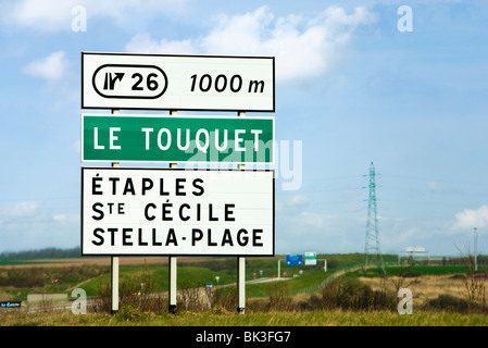 Uscire Sortie segno sulla A16 autostrada francese di Le Touquet, Francia, Europa Foto Stock