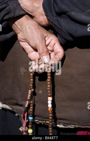 Una donna tibetana con irruvidita e robusto vecchie mani armeggiare preghiera tibetano perline. Foto Stock