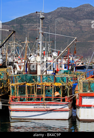 Barche da pesca ormeggiate in Hout Bay Harbor, cape town, Sud Africa. Foto Stock