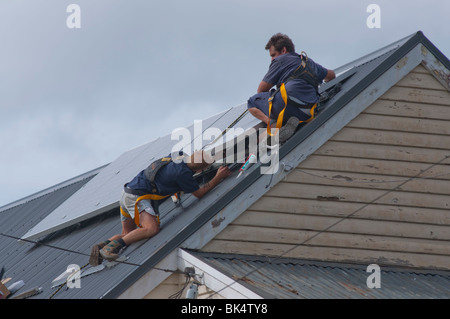 Operai di installare pannelli solari sul tetto a Hobart in Tasmania Australia Foto Stock