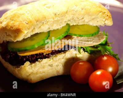 Fette di carne di pollo e insalata in una ciabatta roll Foto Stock