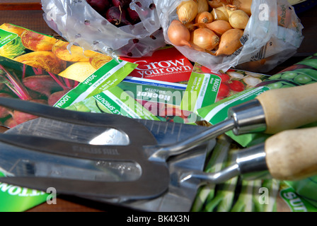 Una varietà di semi di ortaggi e bulbi pronto per essere piantato in un piccolo appezzamento di veg autosufficienti crescere il proprio Foto Stock