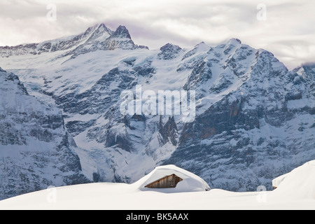 Pesanti caduta di neve nella parte anteriore della parte nord dell'Eiger, Grindelwald, regione di Jungfrau, Oberland bernese, Alpi Svizzere Foto Stock