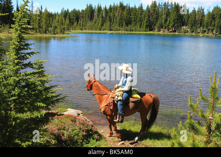 Cowboy a cavallo nei pressi di un laghetto, la cascata di gamma, Oregon, Stati Uniti d'America Foto Stock