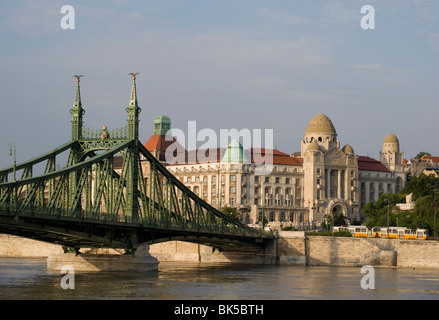 Ponte della Libertà e il Gellert Hotel sulle rive del Danubio, Budapest, Ungheria, Europa Foto Stock