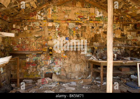 Muro interno Burro cabina Schmidt mostra vecchie riviste e quotidiani che sono stati usati per isolamento Foto Stock