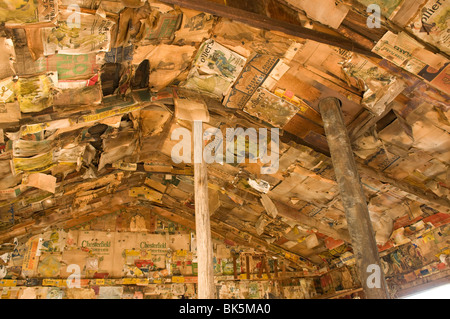 All'interno del soffitto Burro cabina Schmidt mostra vecchie riviste e quotidiani che sono stati usati per isolamento Foto Stock