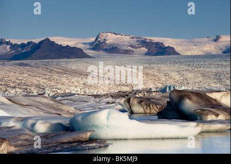 Iceberg di Jokulsarlon laguna glaciale, Breidamerkurjokull (Vatnajokull) ghiacciaio in distanza, Est Islanda Islanda Foto Stock