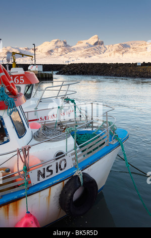 Porto di pesca a Hofn, vicino Bakkagerdi in Borgarfjordur Eystri fiordo, Mount Dyrfjoll, Est fiordi, Islanda Foto Stock