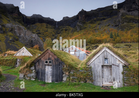 Edifici agricoli a Nupsstadur, sotto le scogliere Lomagnupur, risalente al diciottesimo e al diciannovesimo secolo, Sud Islanda Islanda Foto Stock