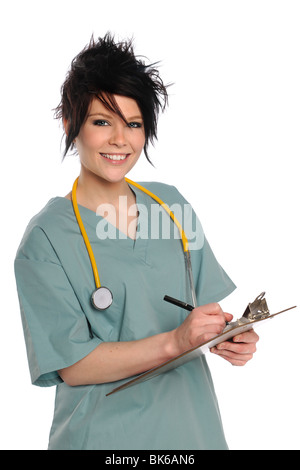 Bella health care provider con appunti isolate su sfondo bianco Foto Stock