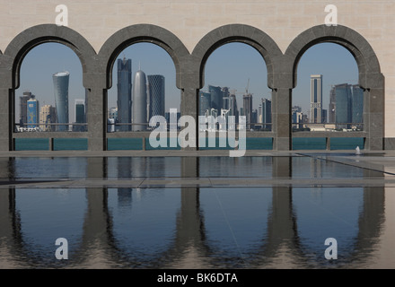 Vista del West Bay District skyline dal museo islamico di arte (MIA) Foto Stock