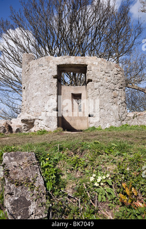 Interno torre Castell Aberlleiniog rovine del castello. Llangoed, Isola di Anglesey (Ynys Mon), il Galles del Nord, Regno Unito, Gran Bretagna. Foto Stock