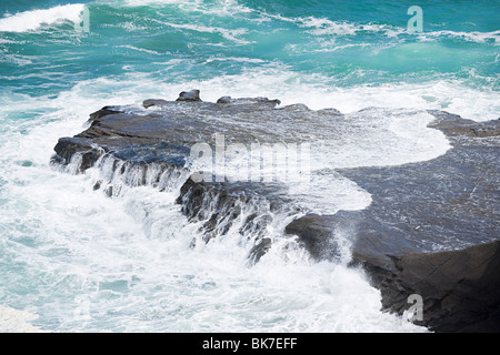 Auckland, lavaggio di surf sulle rocce a Muriwai Beach Foto Stock