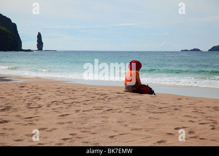 Ripetutamente la spiaggia più bella in Gran Bretagna Sandwood Bay di Sutherland, sull'estremo nord-ovest della costa della Scozia, Regno Unito Foto Stock