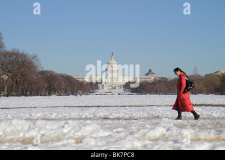 Washington DC, il centro commerciale nazionale, edificio del Campidoglio degli Stati Uniti, donne donne, passeggiate, neve, inverno, freddo, tempo, cappotto, DC100219045 Foto Stock