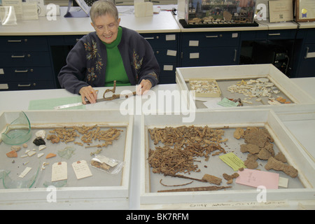 Alexandria Virginia,Old Town,Alexandria Archaeology Museum,scienza,umanities,passato,istruzione,artefatti,frammenti,ceramica,vetro,vassoio,catalogo,donna female Foto Stock