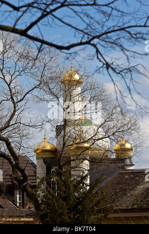 Moschea con minareti; Neuchatel, Svizzera. Charles Lupica Foto Stock