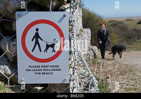 Si prega di tenere cani sulla porta segno, Landguard riserva naturale, Felixstowe, Suffolk, Regno Unito. Foto Stock
