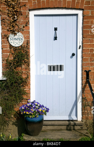 Casa Blu porta anteriore con pansies in pentola su porte Foto Stock