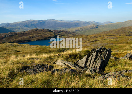 La gamma Glyder da Ysgafell Wen nella gamma Moelwyn, Snowdonia, Galles del Nord, Regno Unito Foto Stock