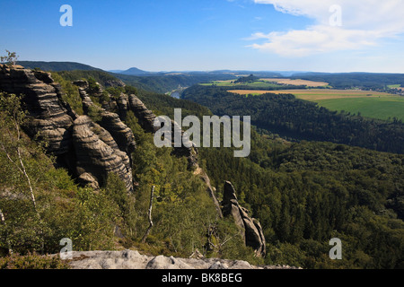 Vista dalla Schrammsteine formazione di roccia, Svizzera Sassone, Svizzera Sassone Elbe montagne di arenaria, Sassonia, Germania, e Foto Stock