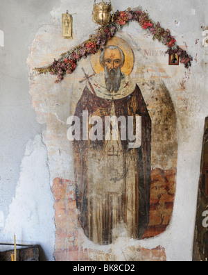 La Chiesa al Arnitha, affreschi raffiguranti San Nikon, Rodi, Grecia, Europa Foto Stock