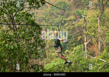 Giungla zip di volo di linea e di copertura forestale tour, Chiang Mai, Thailandia. Foto Stock