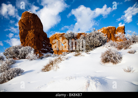 Fantastiche formazioni rocciose scolpite nel corso di migliaia di anni che punteggiano il paesaggio invernale del Parco Nazionale di Arches in Moab Utah. Foto Stock