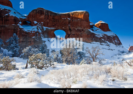 Fantastiche formazioni rocciose e archi scolpiti nel corso di migliaia di anni che punteggiano il paesaggio invernale Arches National Park nello Utah. Foto Stock