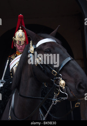 La Queen's Life Guard su sentry a Hyde Park Barracks a Londra. Foto Stock