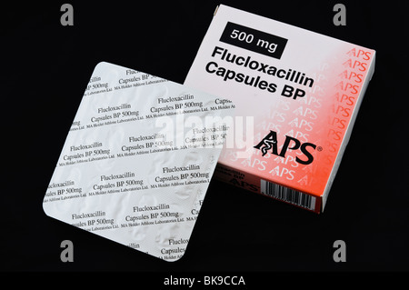 Casella e blister di flucloxacillina antibiotico, 500mg Foto Stock