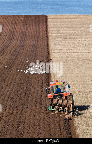 Arando un campo stuble dal fiume Tay in Fife, Scozia Foto Stock