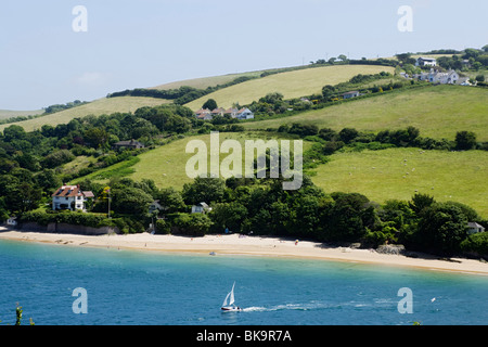Ripresa aerea di una spiaggia, Salcombe, Devon, Inghilterra, Regno Unito Foto Stock